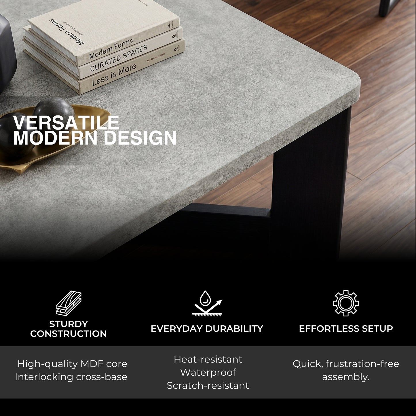 Roundhill Furniture Levitus Modern Square Coffee Table, Faux Concrete Tabletop with Black Wood Grain Finish