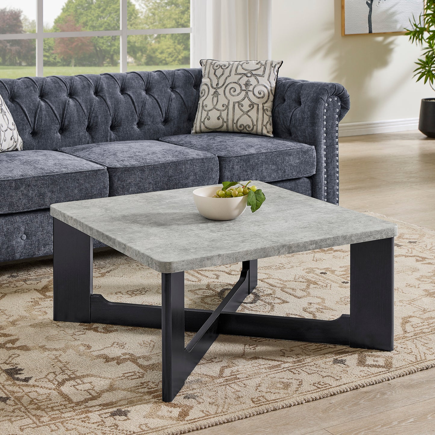Roundhill Furniture Levitus Modern Square Coffee Table, Faux Concrete Tabletop with Black Wood Grain Finish