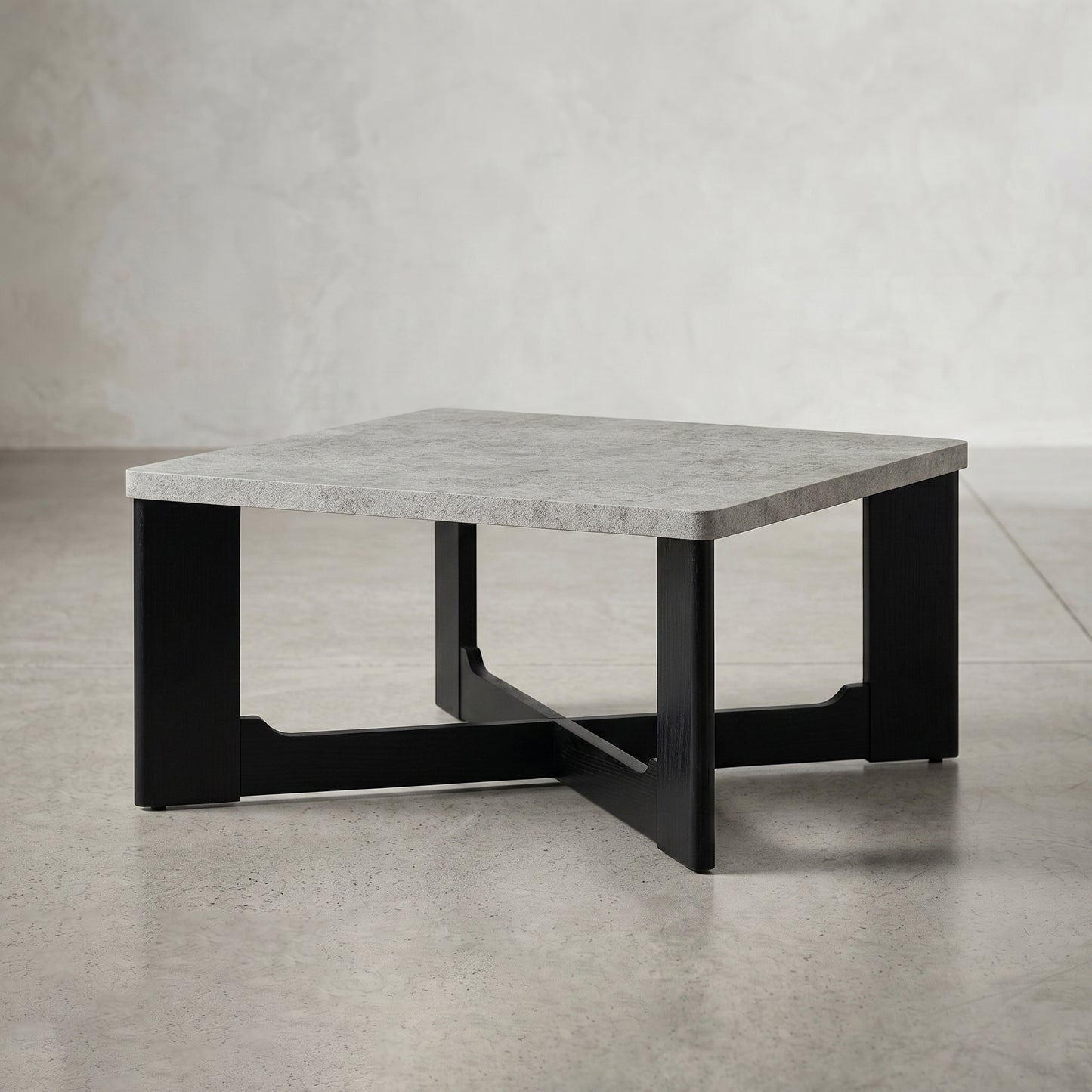 Roundhill Furniture Levitus Modern Square Coffee Table, Faux Concrete Tabletop with Black Wood Grain Finish