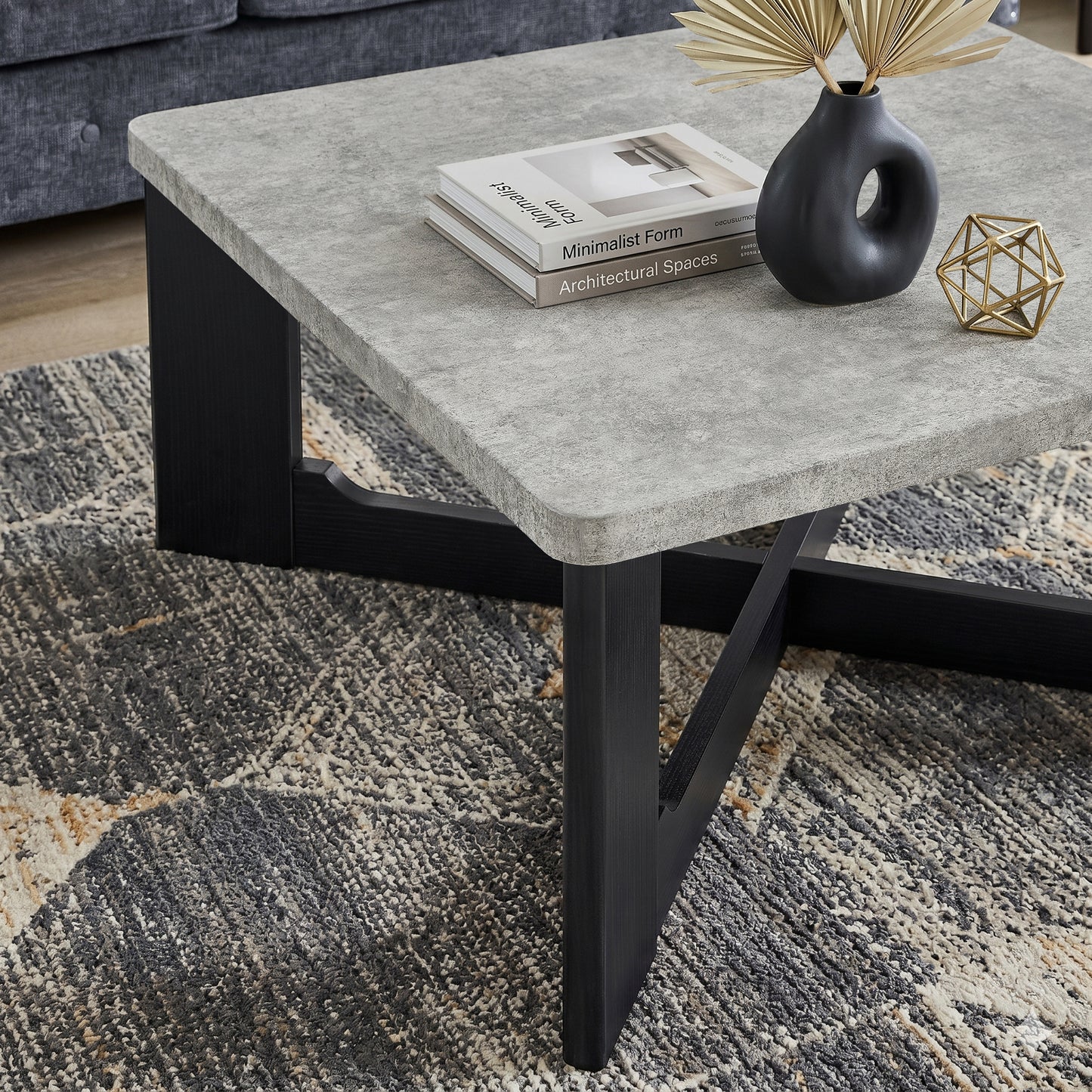 Roundhill Furniture Levitus Modern Square Coffee Table, Faux Concrete Tabletop with Black Wood Grain Finish