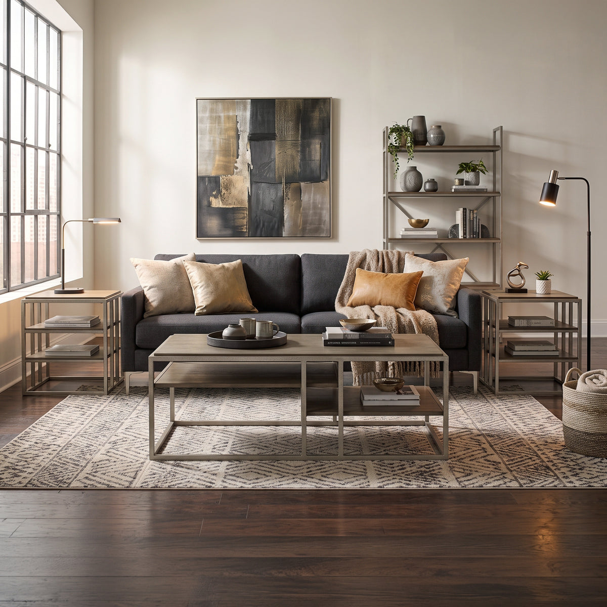 Roundhill Furniture Padena 3-Piece Metal Frame Wood Living Room Coffee Table and 2 End Tables Set