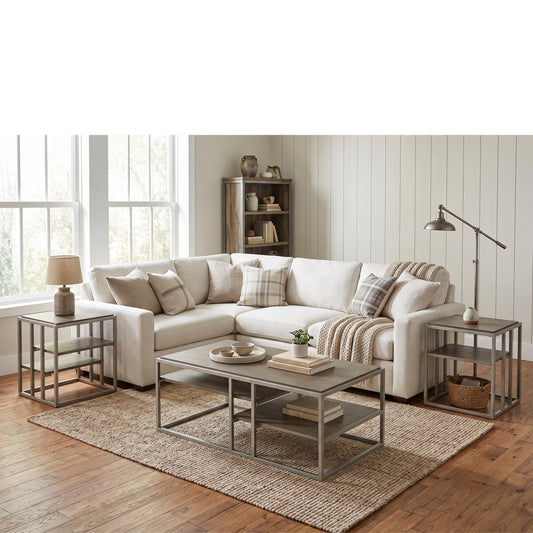 Roundhill Furniture Padena 3-Piece Metal Frame Wood Living Room Coffee Table and 2 End Tables Set