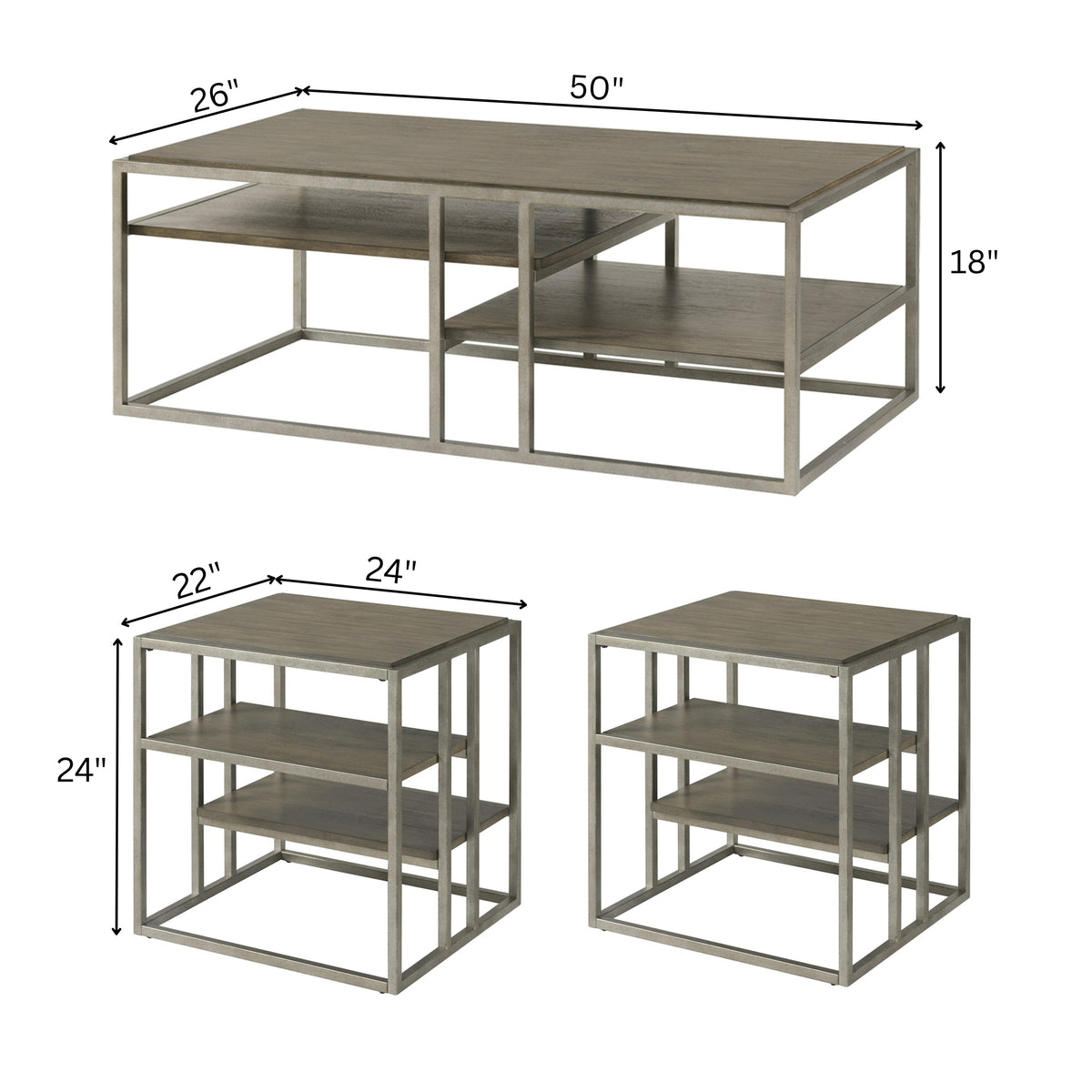 Roundhill Furniture Padena 3-Piece Metal Frame Wood Living Room Coffee Table and 2 End Tables Set