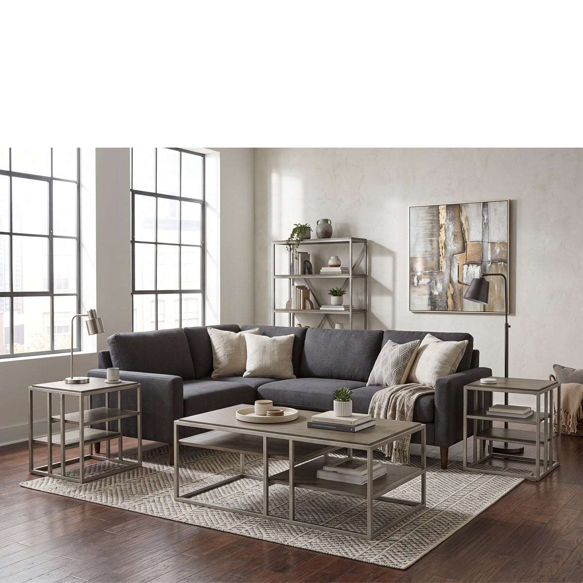 Roundhill Furniture Padena 3-Piece Metal Frame Wood Living Room Coffee Table and 2 End Tables Set