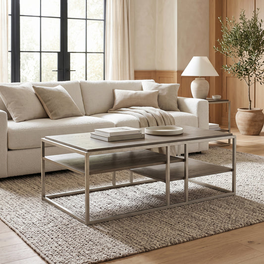 Roundhill Furniture Padena Metal Frame Wood Living Room Coffee Table with Shelf