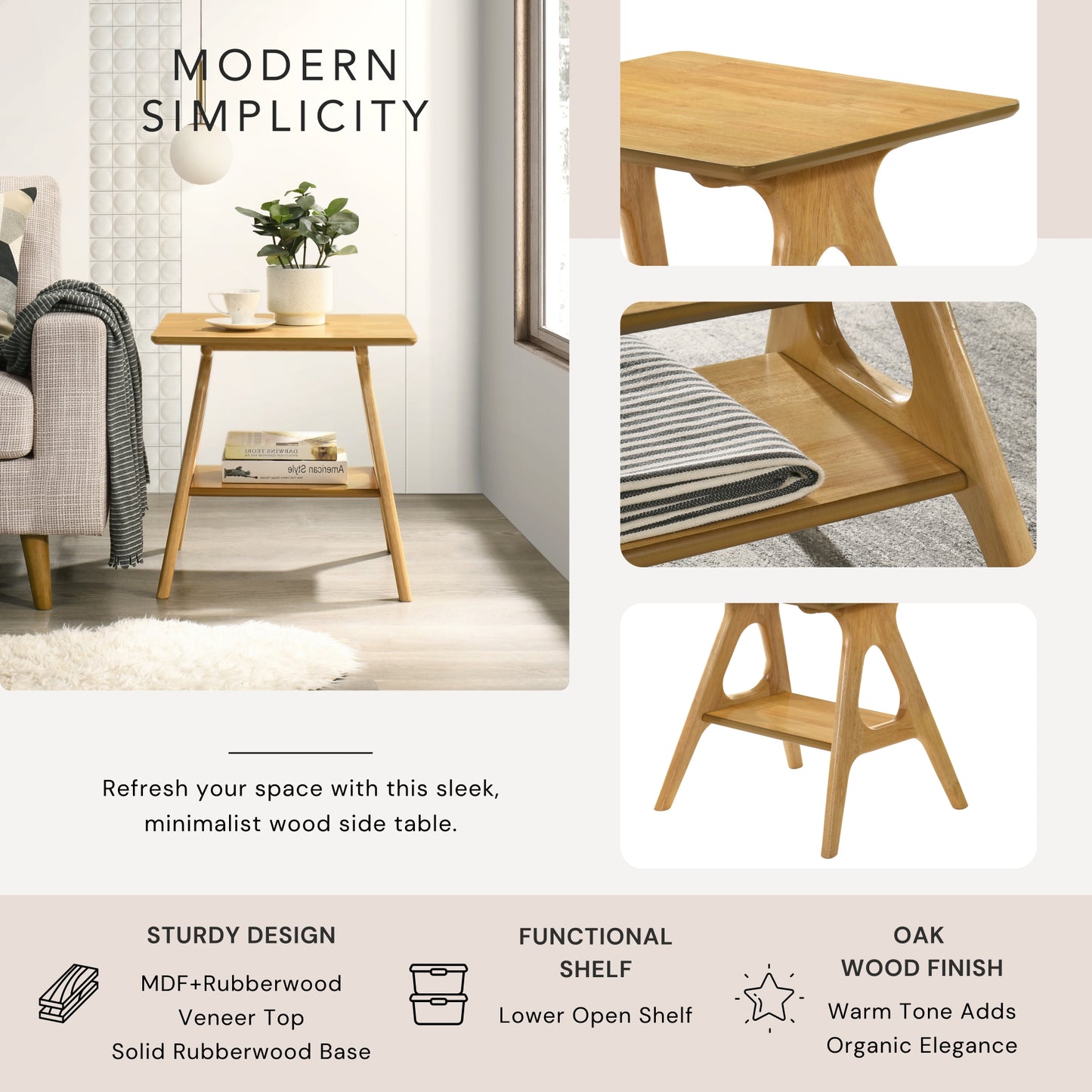Roundhill Furniture Arona Mid-Century Modern Wood Shelf End Table