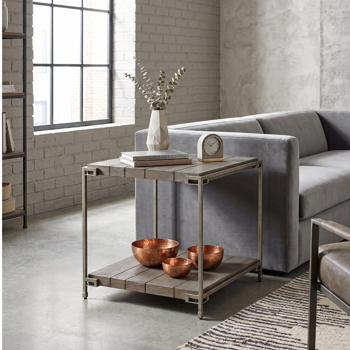 Roundhill Furniture Corbeta Metal Frame Wood Living Room End Table with Shelf, Aged Graphite