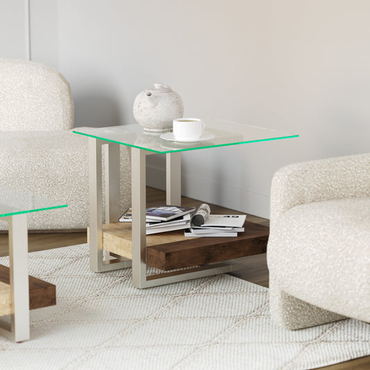 Roundhill Furniture Andes Glass End Table with Marble Shelf, Polished Nickel Finish