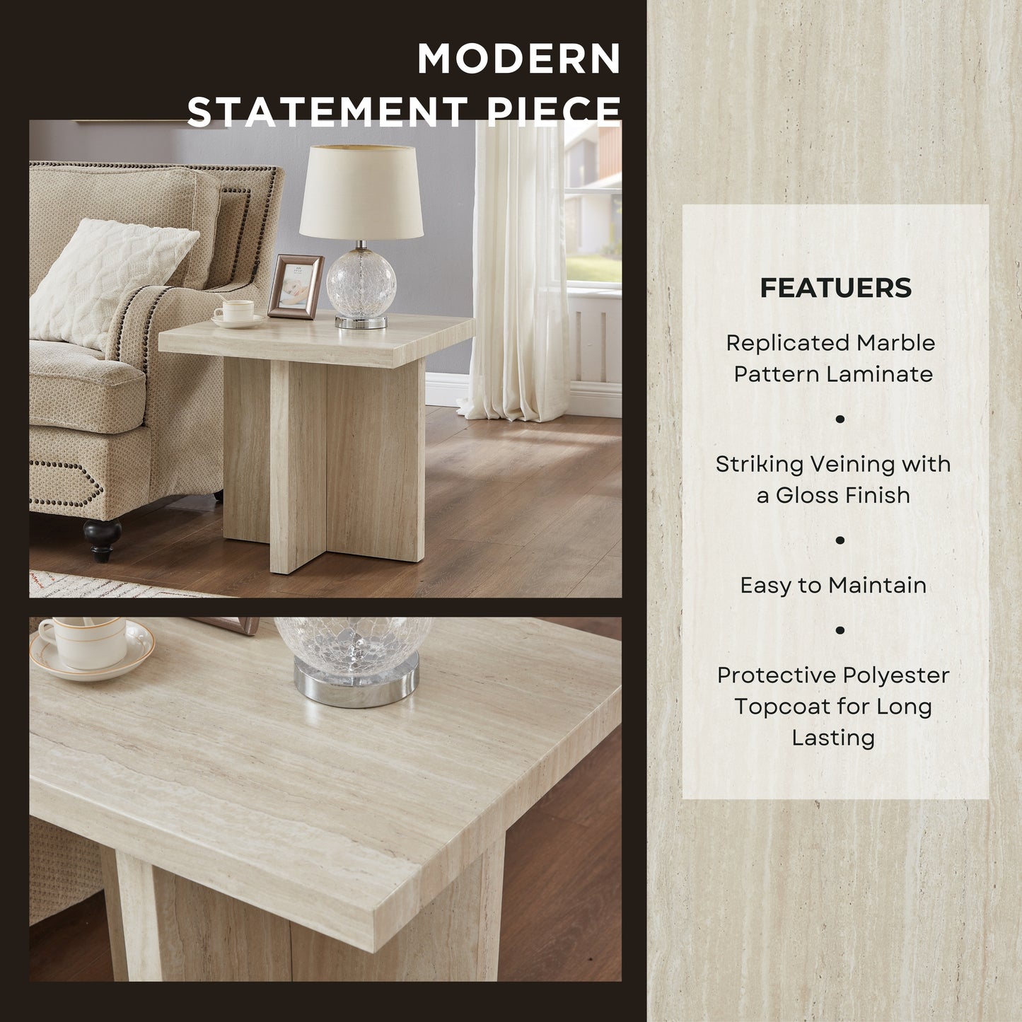 Annex & Co Cavira Modern Faux Marble Living Room End/Side Table