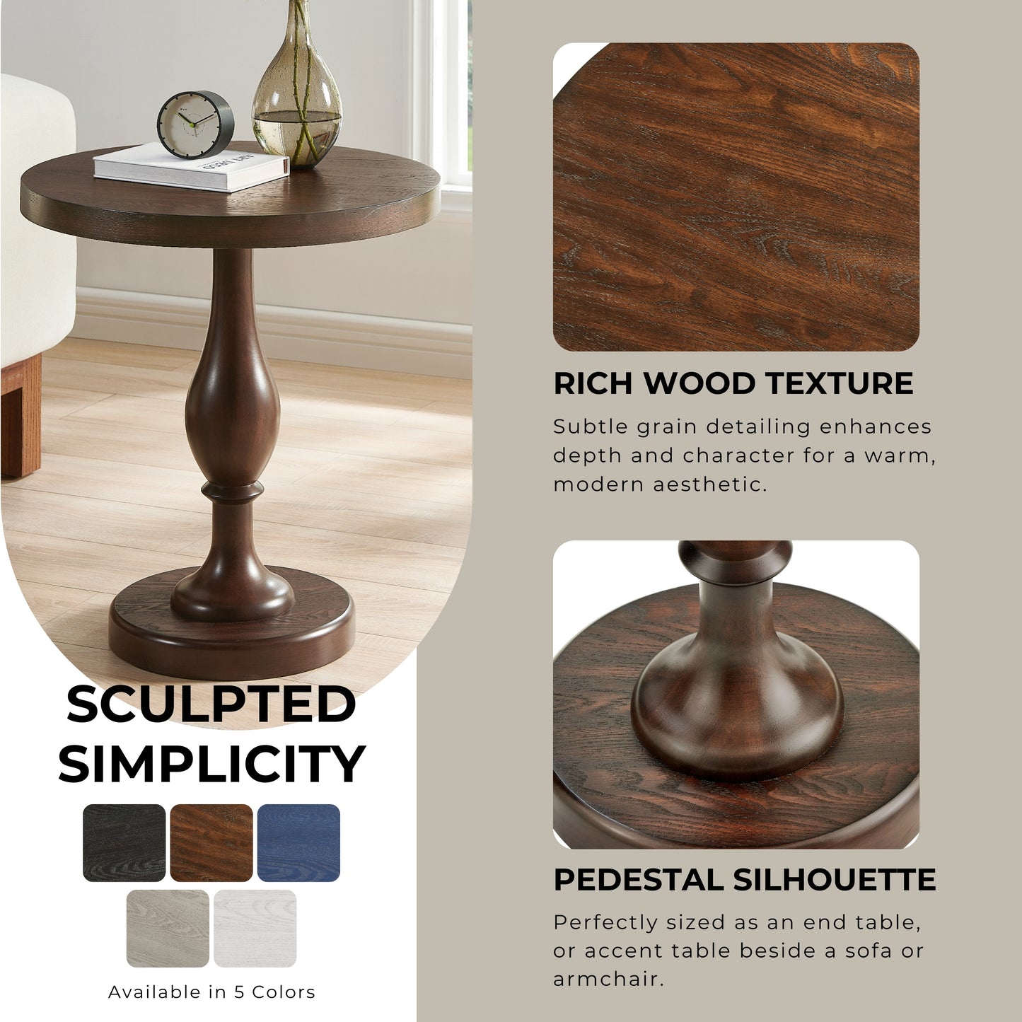 Roundhill Furniture Solmere 22" Round Wood Pedestal End Table