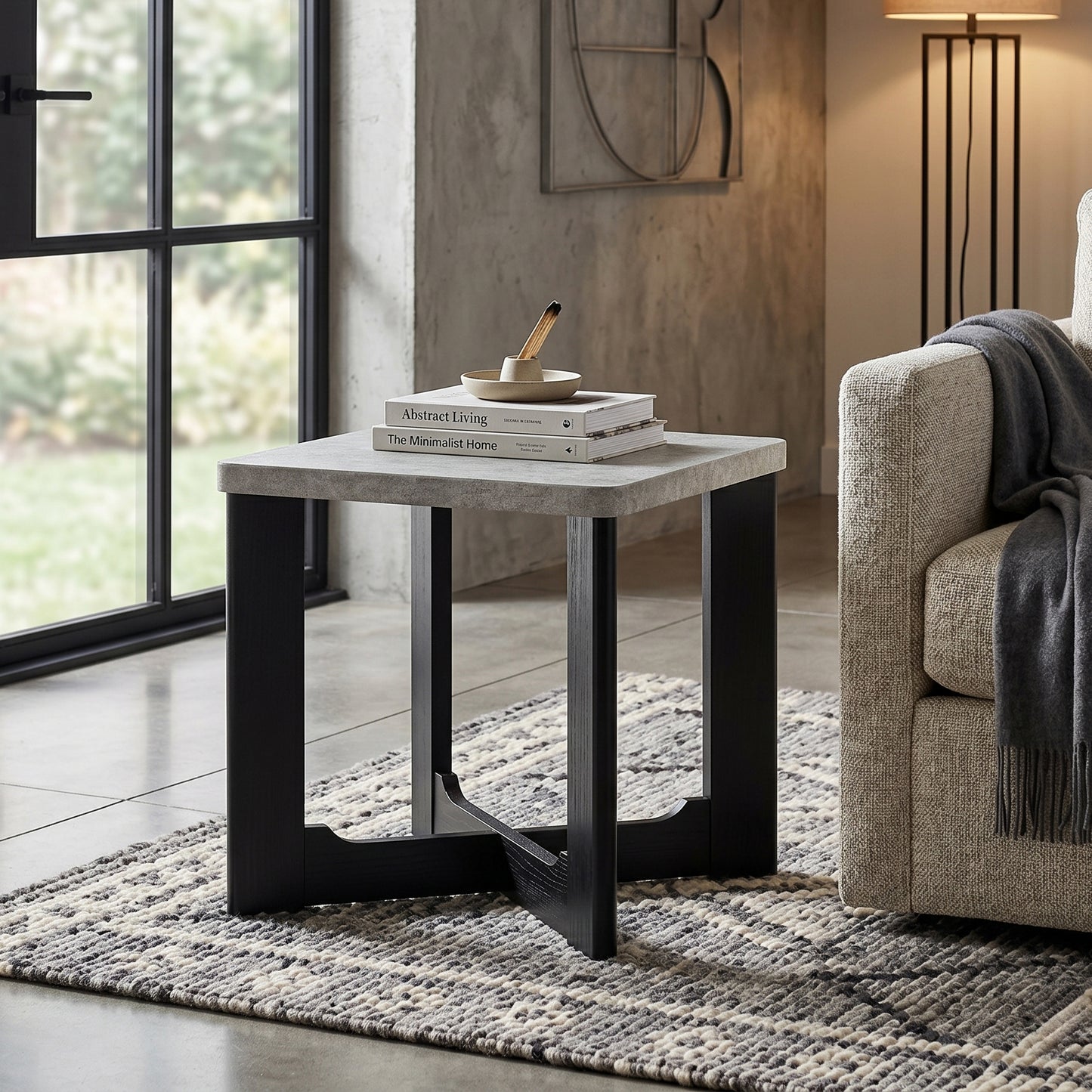 Roundhill Furniture Levitus Modern Square End Table, Faux Concrete Tabletop with Black Wood Grain Finish