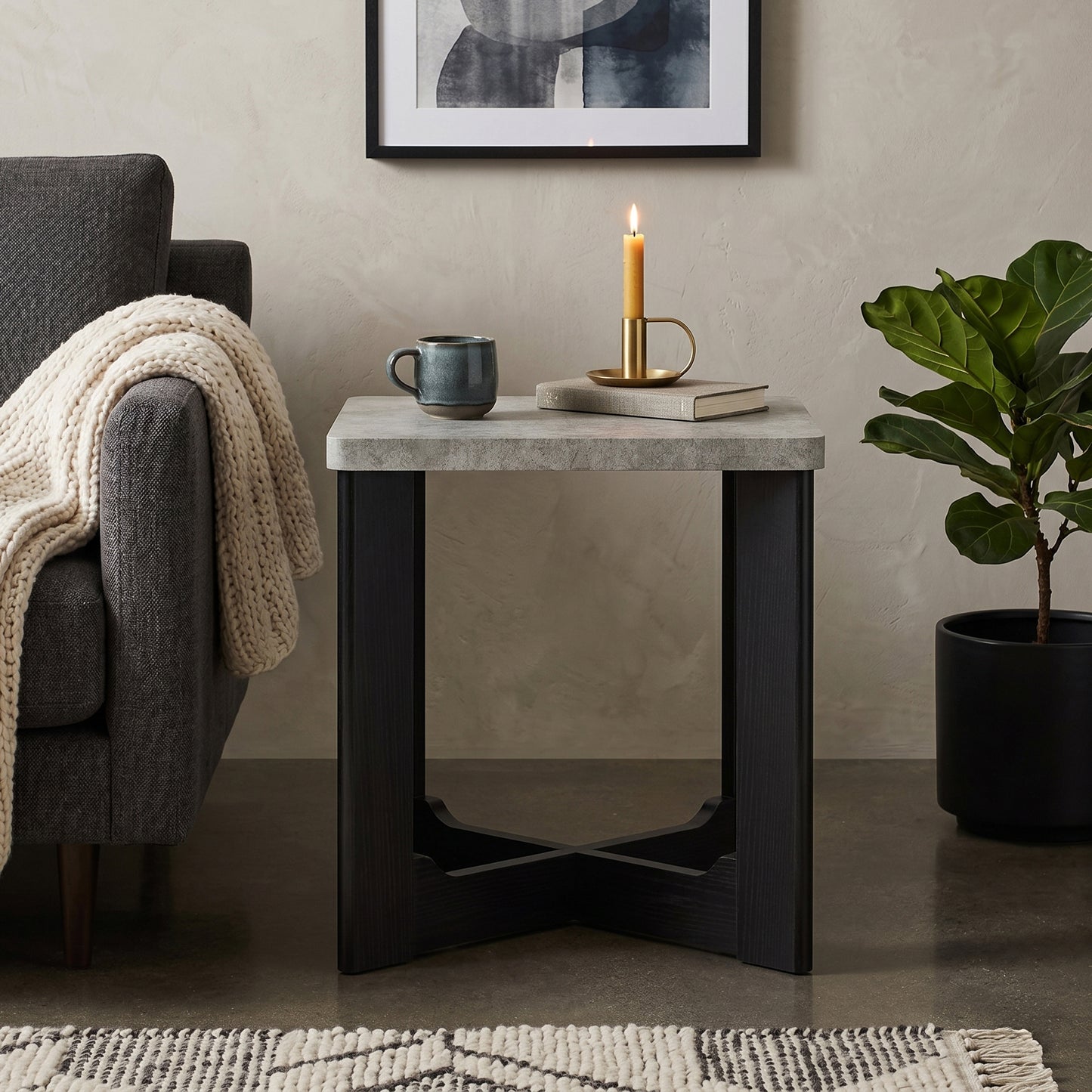 Roundhill Furniture Levitus Modern Square End Table, Faux Concrete Tabletop with Black Wood Grain Finish