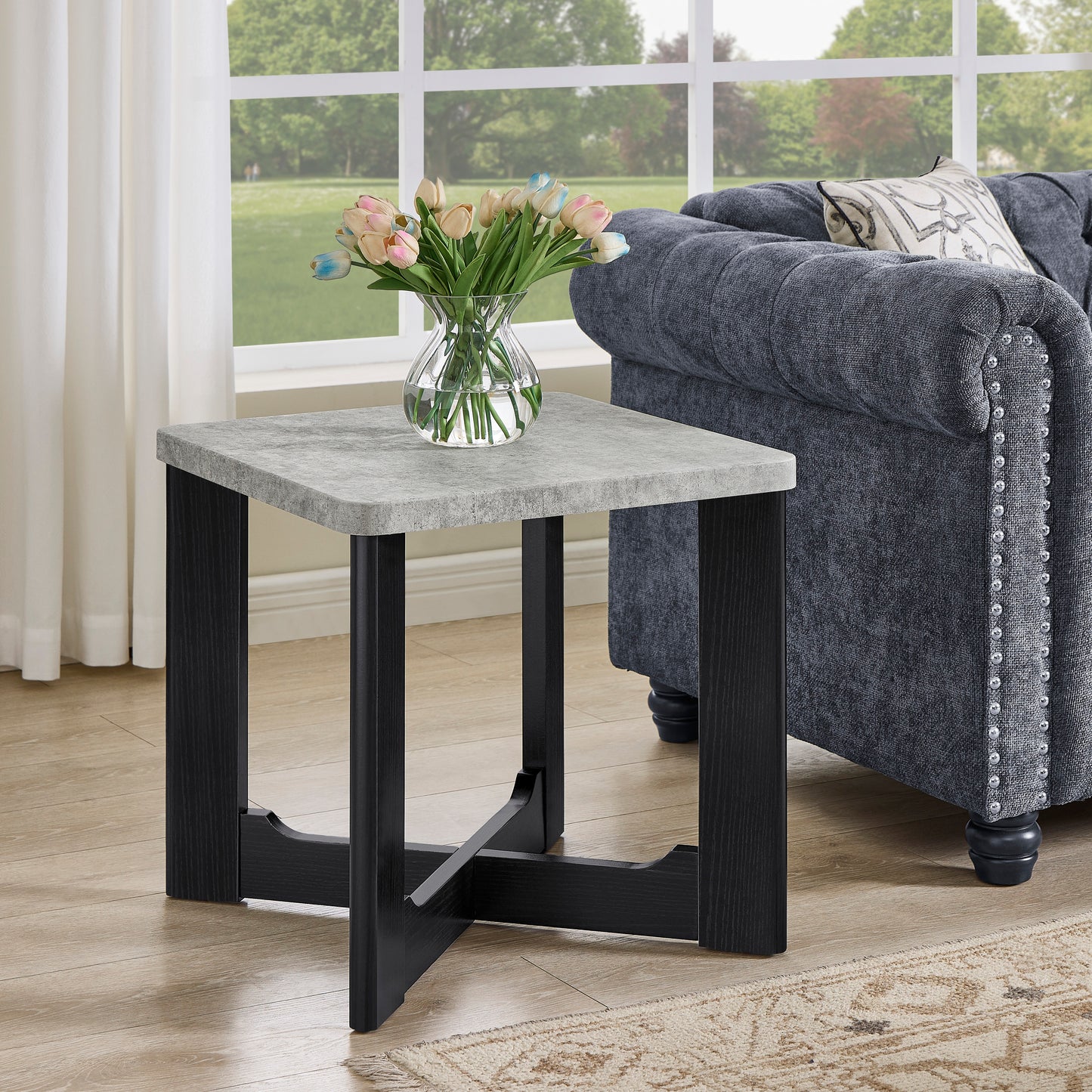 Roundhill Furniture Levitus Modern Square End Table, Faux Concrete Tabletop with Black Wood Grain Finish