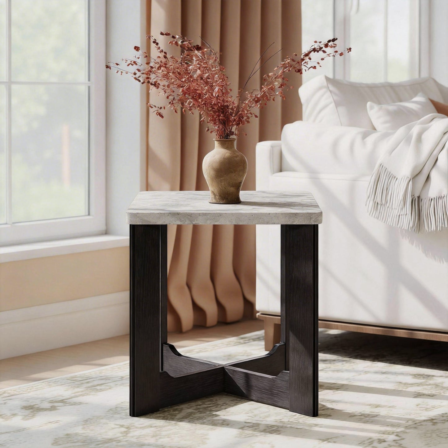 Roundhill Furniture Levitus Modern Square End Table, Faux Concrete Tabletop with Black Wood Grain Finish
