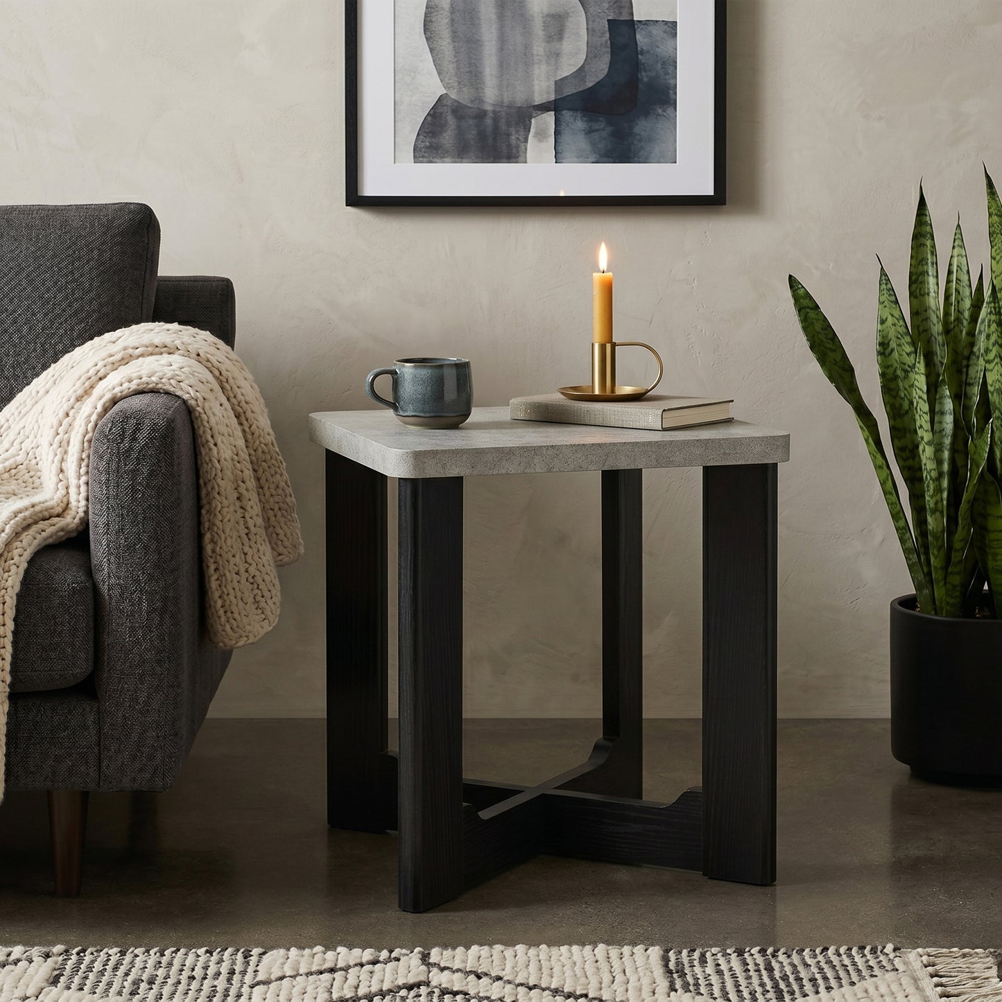Roundhill Furniture Levitus Modern Square End Table, Faux Concrete Tabletop with Black Wood Grain Finish