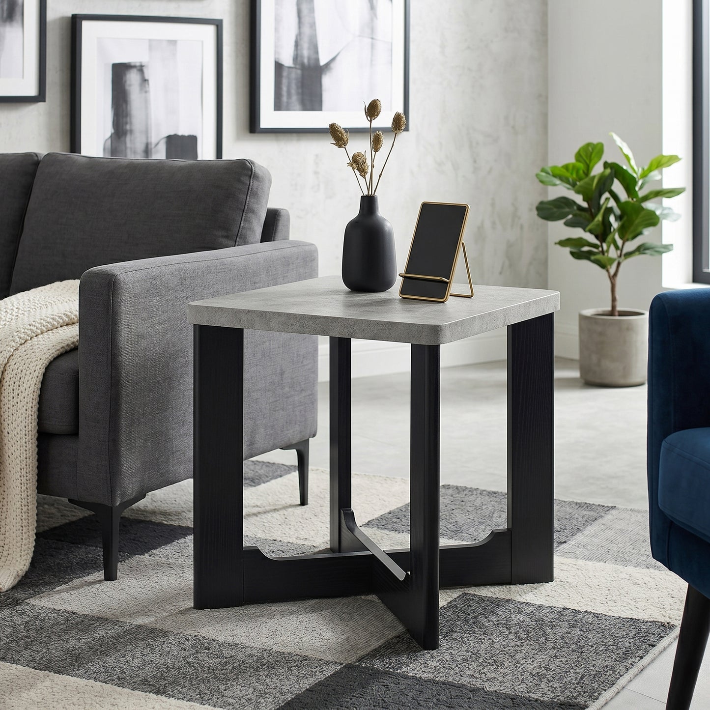 Roundhill Furniture Levitus Modern Square End Table, Faux Concrete Tabletop with Black Wood Grain Finish