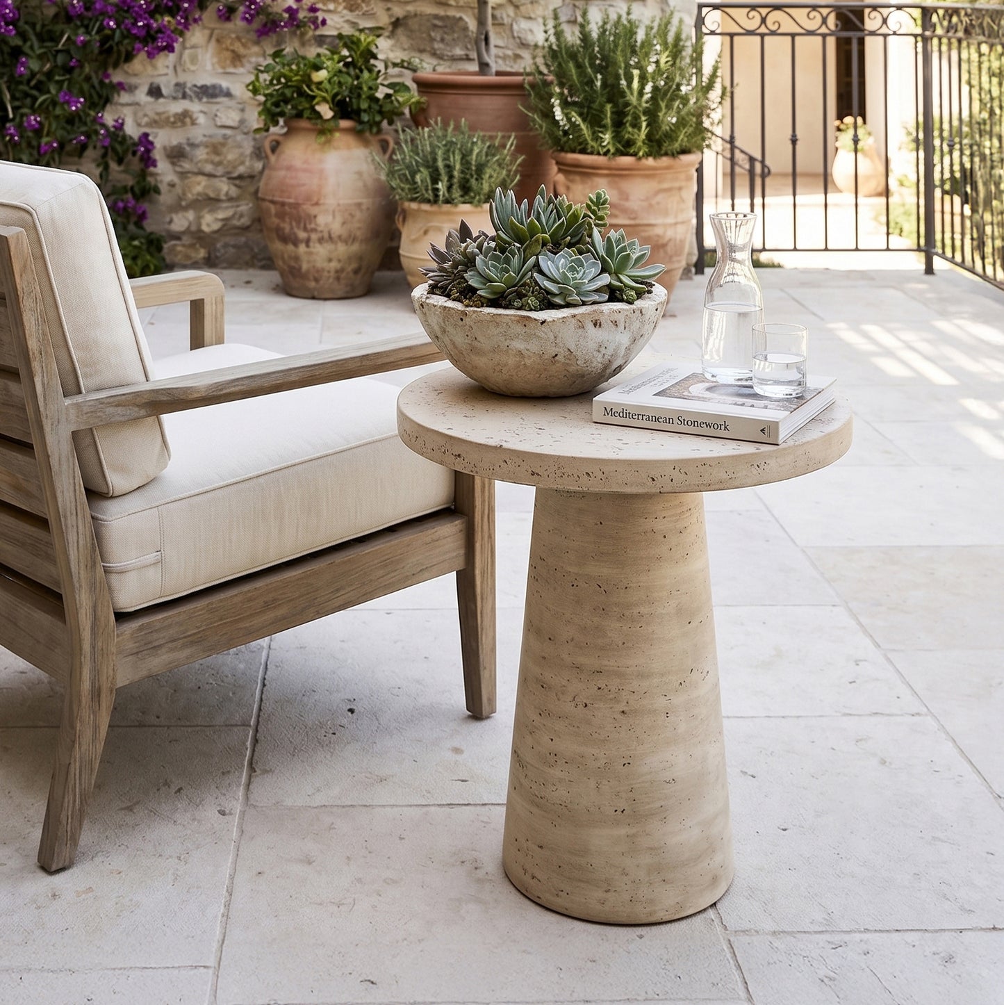 Roundhill Furniture Cortelle Indoor/Outdoor Faux Travertine Round End Table
