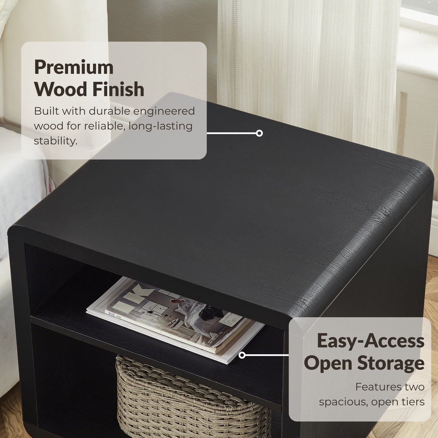 Roundhill Furniture Lux Modern Wood Shelf Side Table, Bedside Nightstand