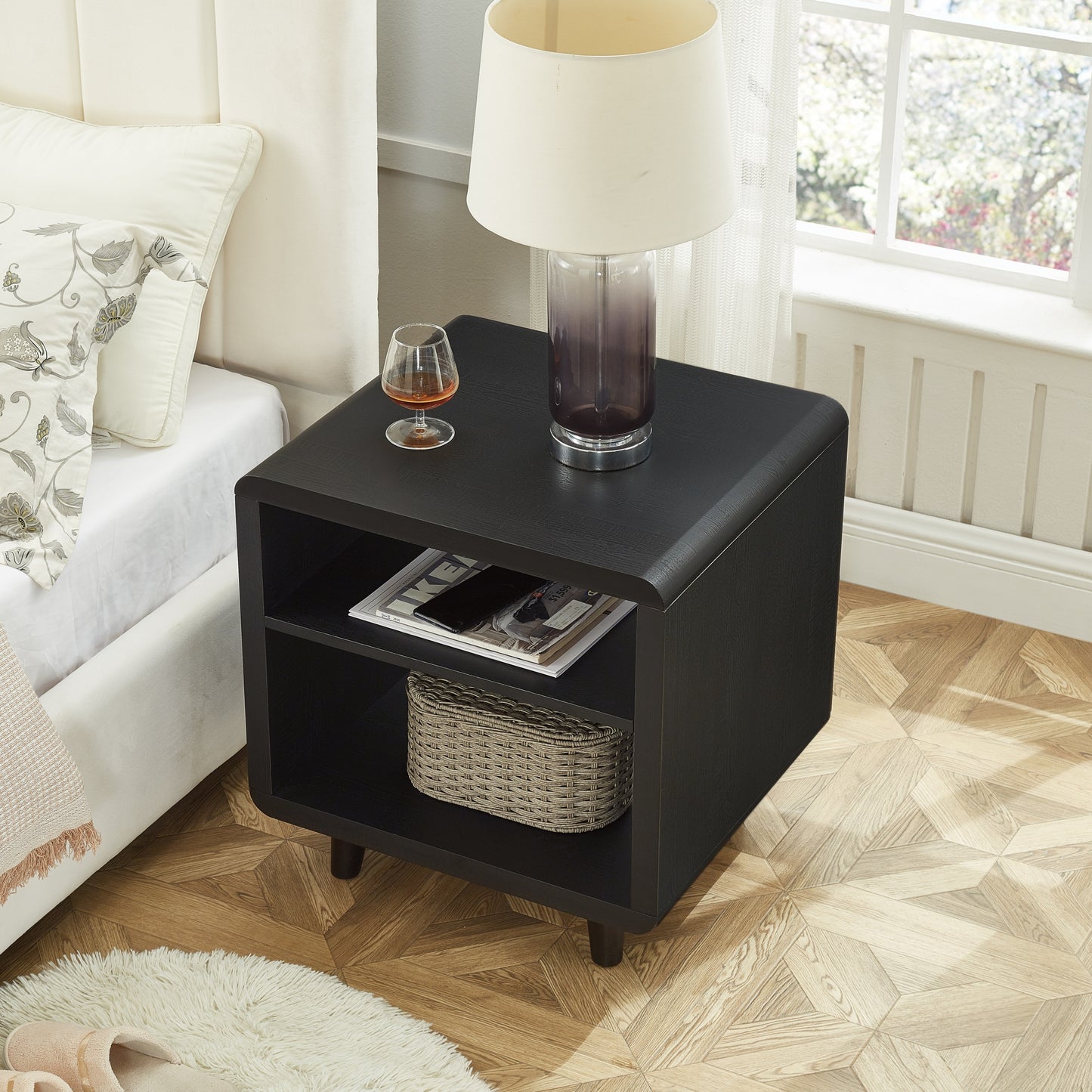 Roundhill Furniture Lux Modern Wood Shelf Side Table, Bedside Nightstand