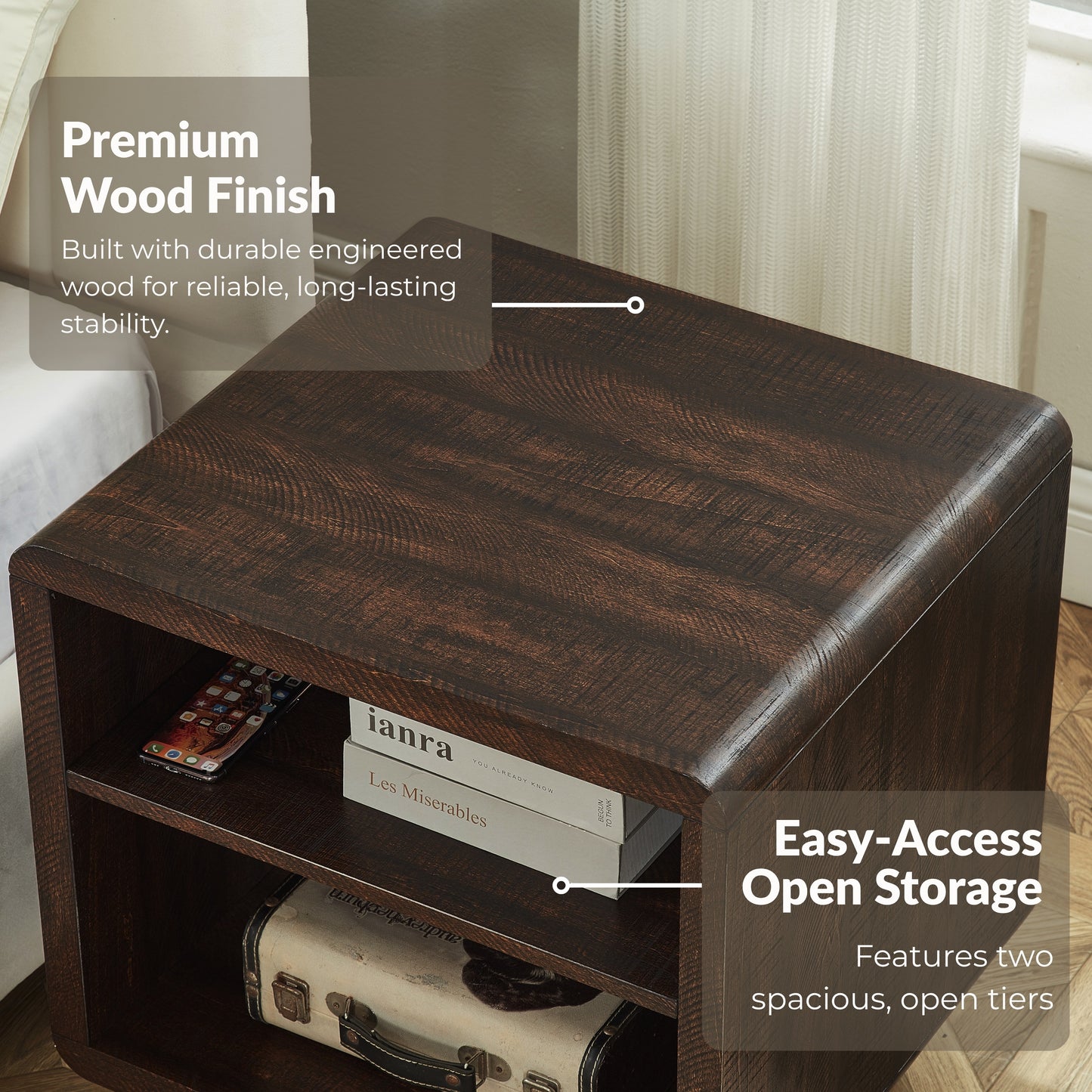 Roundhill Furniture Lux Modern Wood Shelf Side Table, Bedside Nightstand