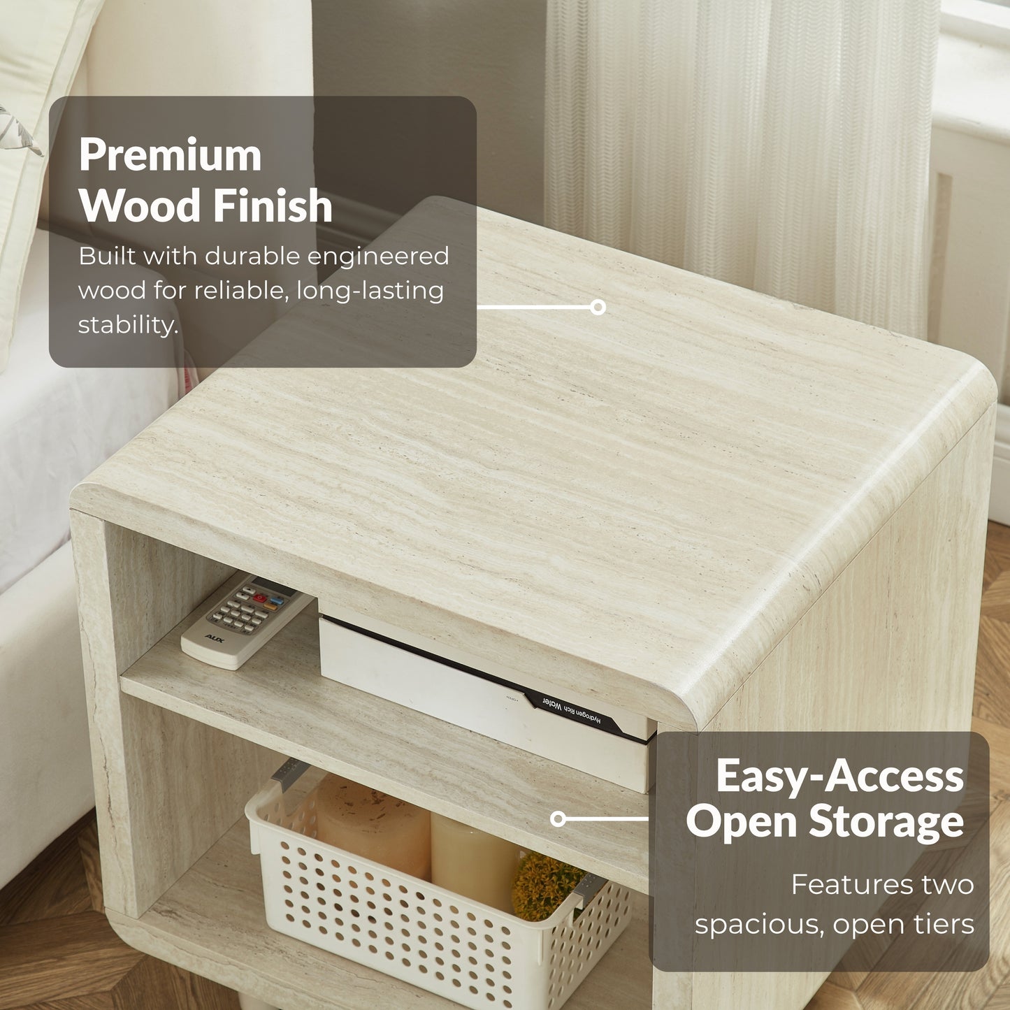 Roundhill Furniture Lux Modern Wood Shelf Side Table, Bedside Nightstand