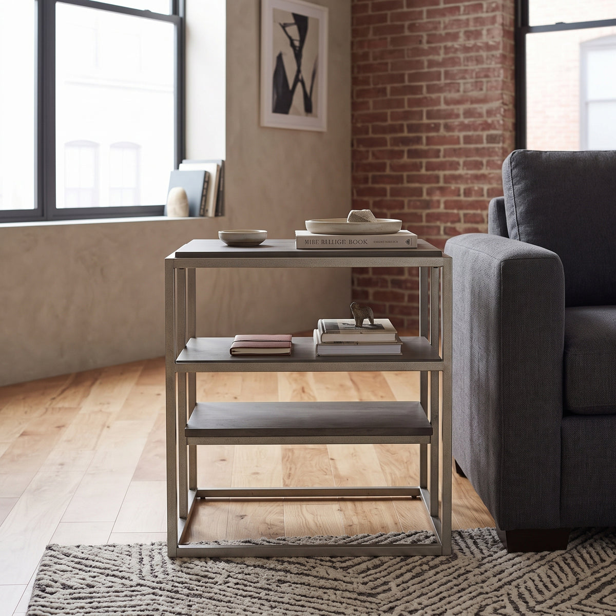 Roundhill Furniture Padena Metal Frame Wood Living Room End Table with Shelf