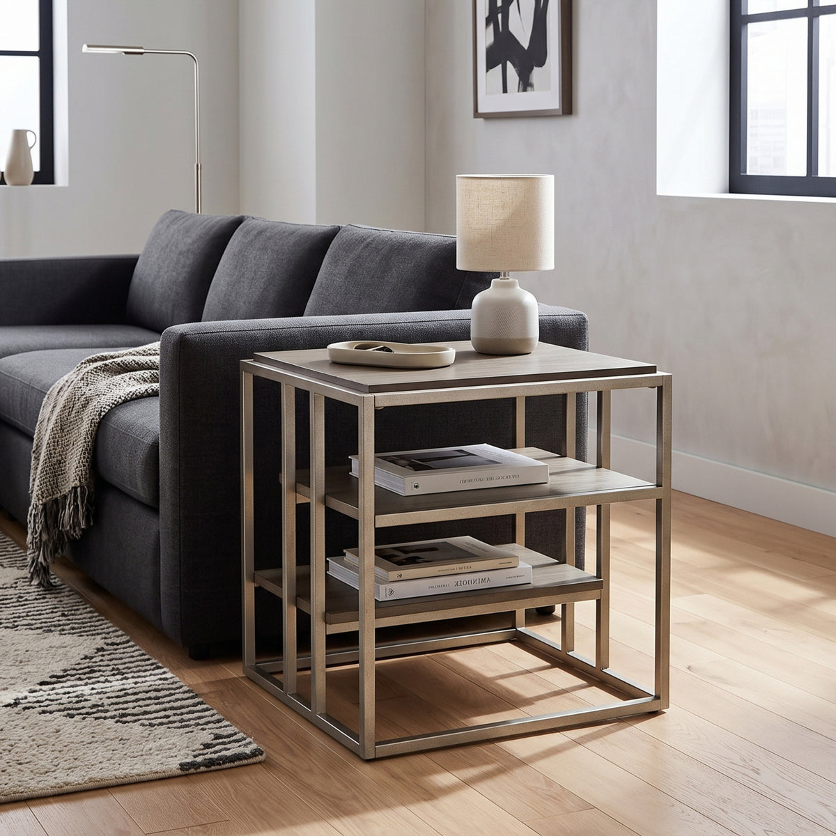 Roundhill Furniture Padena Metal Frame Wood Living Room End Table with Shelf
