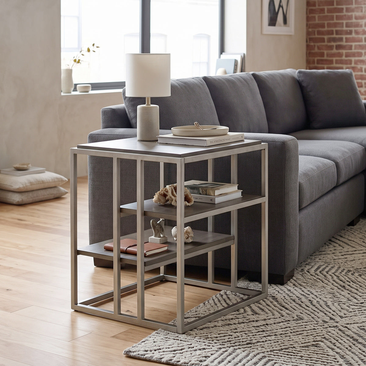 Roundhill Furniture Padena Metal Frame Wood Living Room End Table with Shelf
