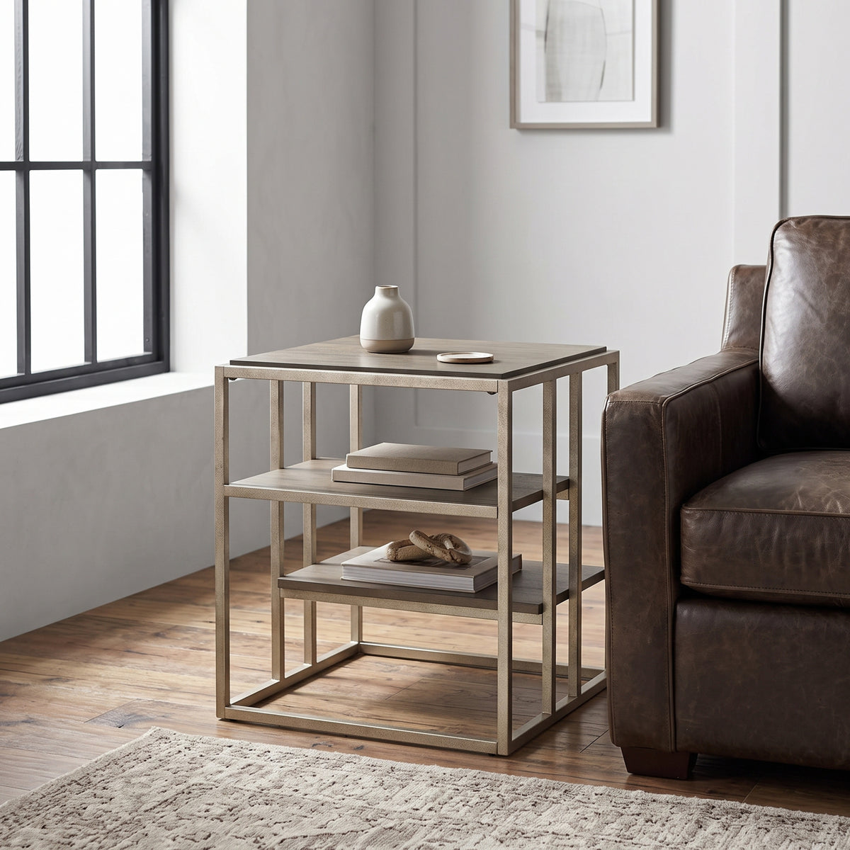 Roundhill Furniture Padena Metal Frame Wood Living Room End Table with Shelf