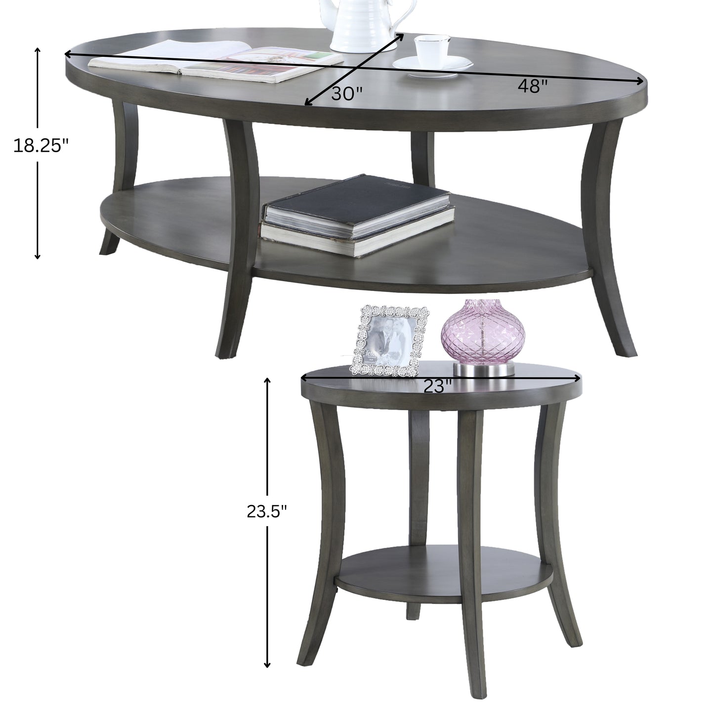 Perth Contemporary Oval Shelf Coffee table'set, Gray