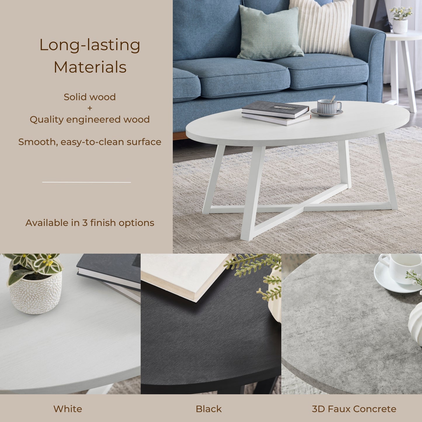 Roundhill Furniture Modern Harmony 3-Piece Wood Oval Coffee Table Set