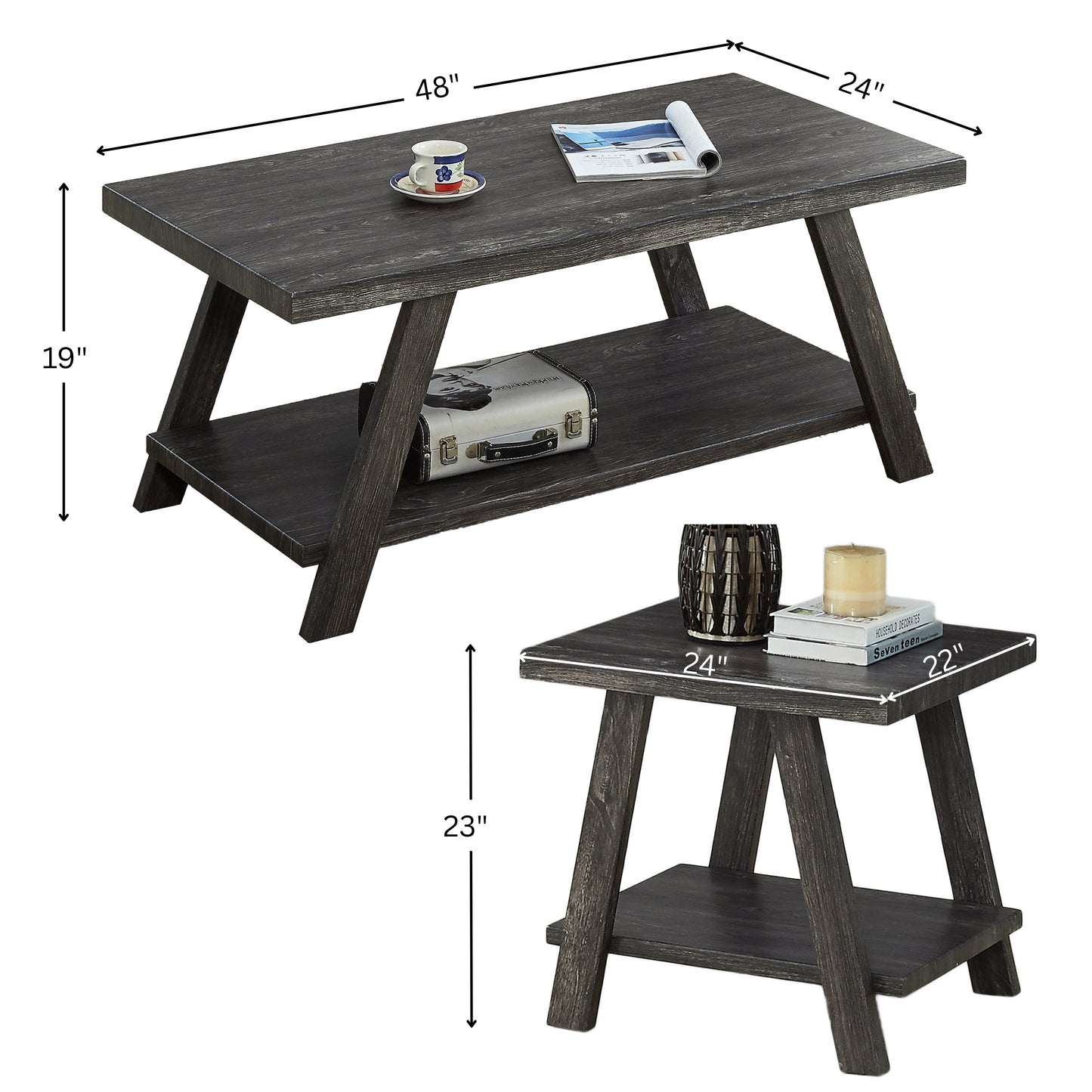 Athens Contemporary Replicated Wood Shelf Coffee Set Table in Charcoal Finish