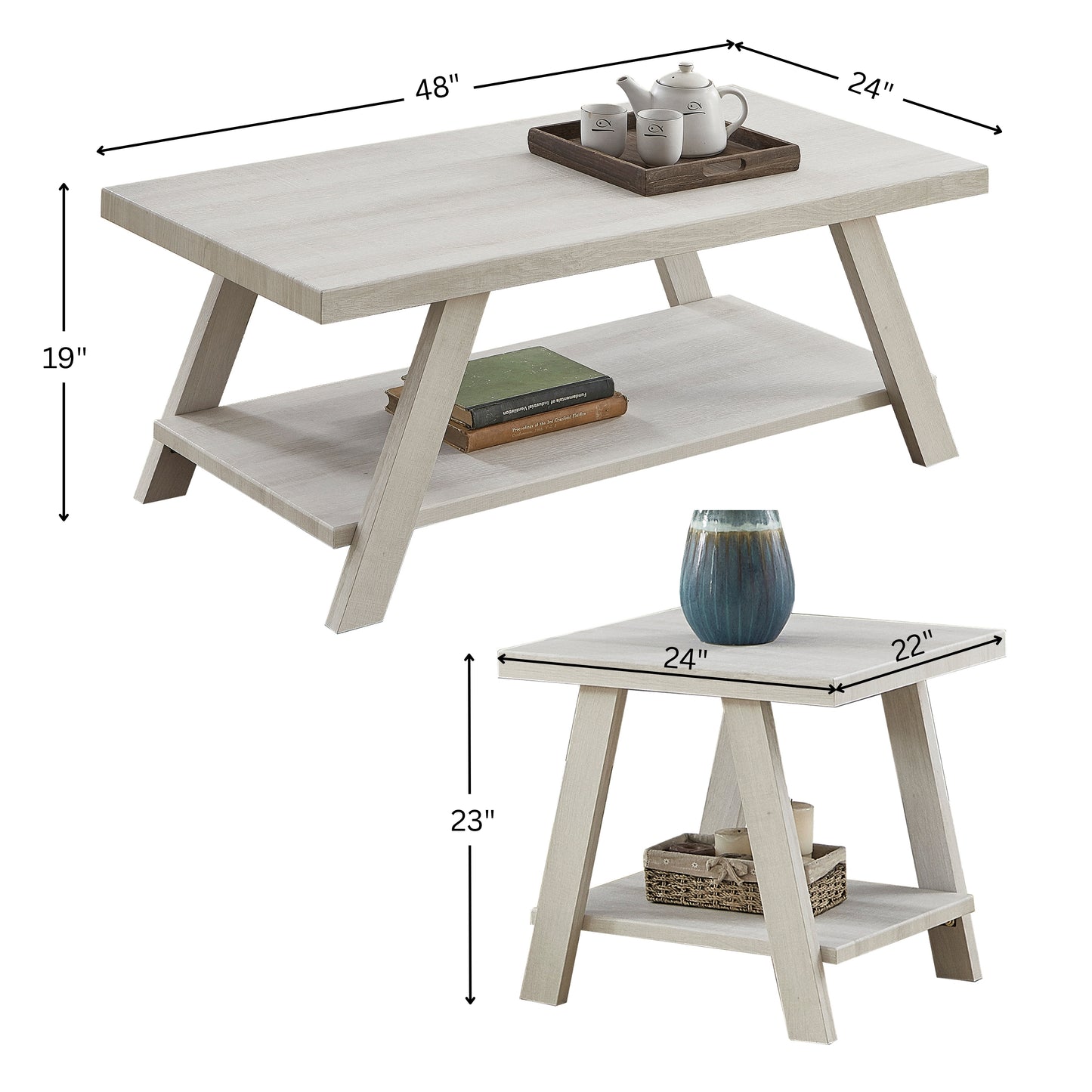 Athens Contemporary Wood Shelf Coffee table'set in White Finish