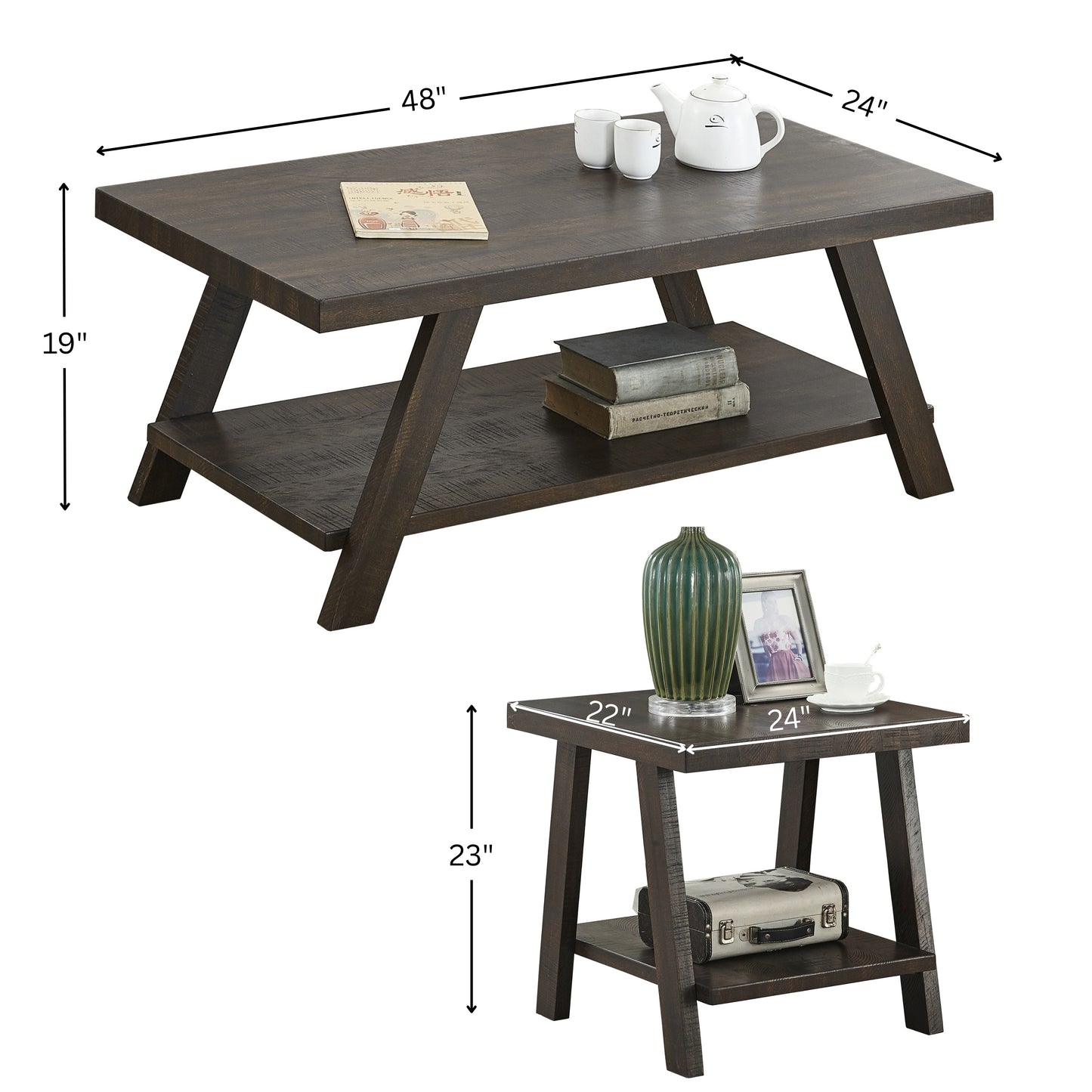Athens Contemporary 3-Piece Wood Shelf Coffee table'set in Weathered Espresso