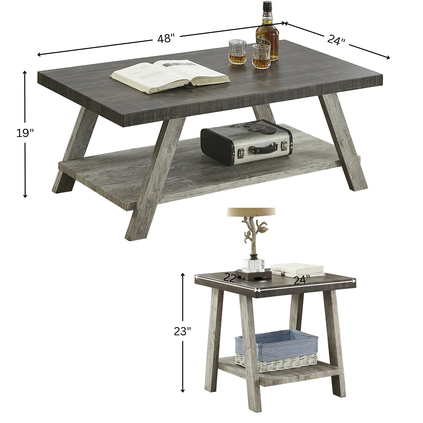 Athens Contemporary 3-Piece Wood Shelf Coffee table'set in Weathered Walnut and Gray