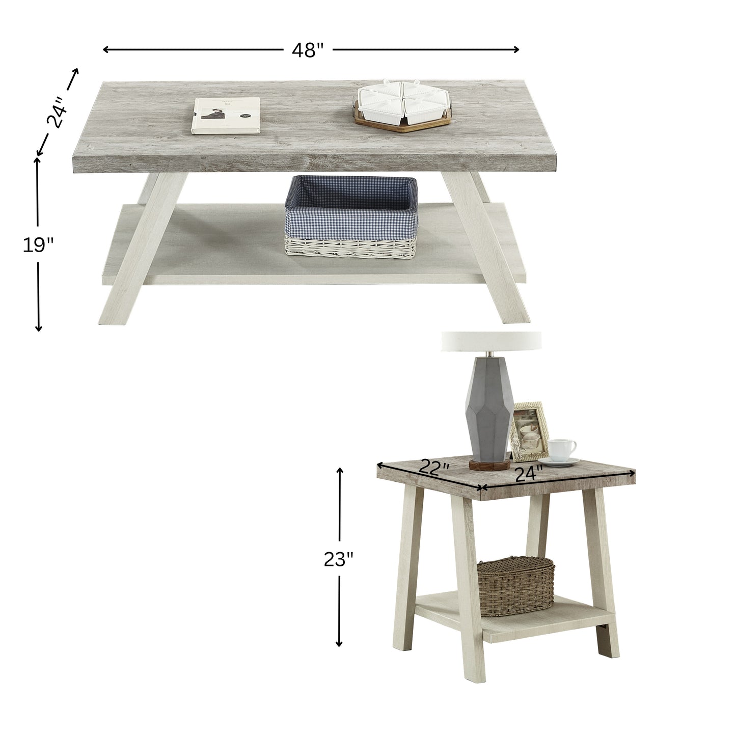Athens Contemporary 3-Piece Wood Shelf Coffee table'set in Weathered Gray and Beige