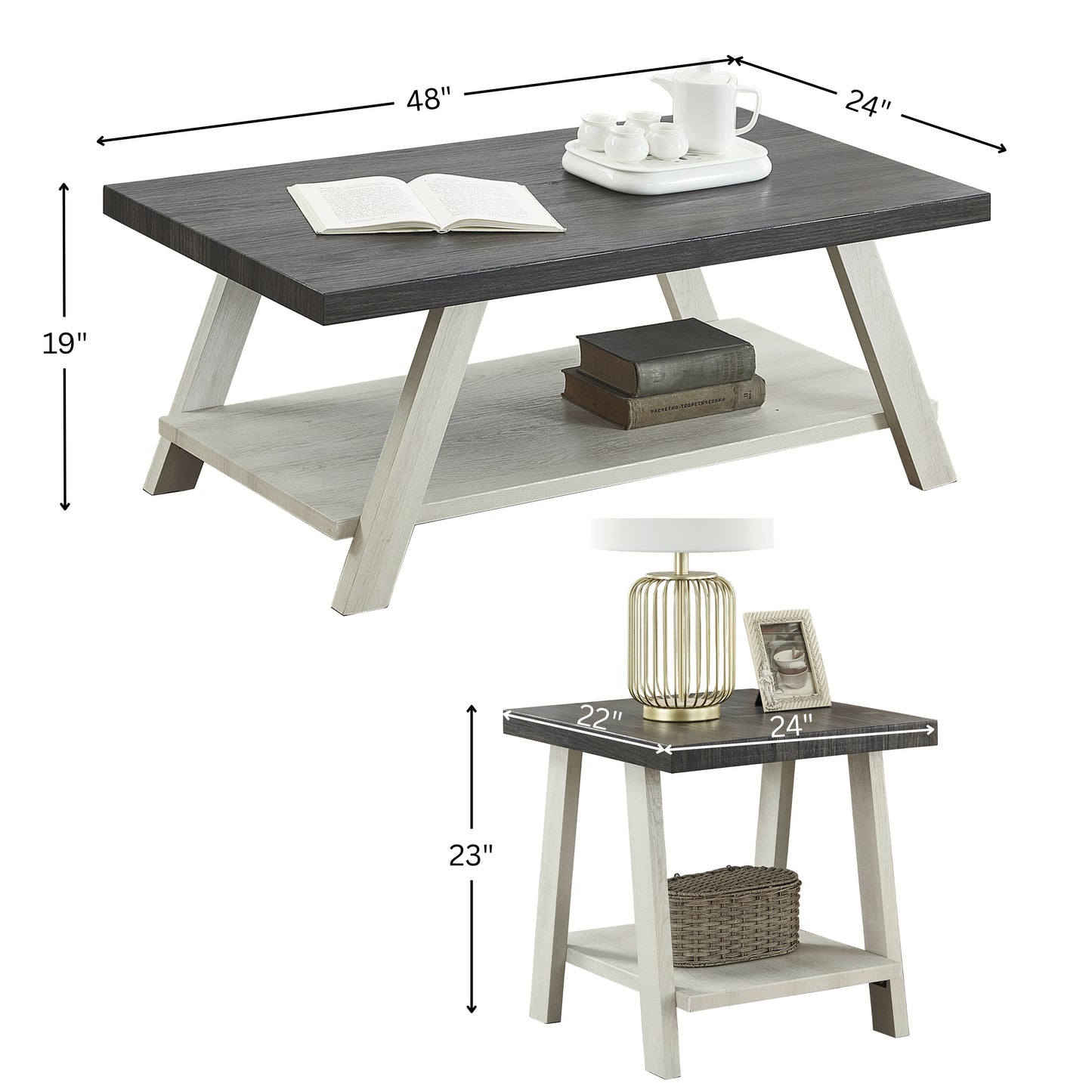 Athens Contemporary 3-Piece Wood Shelf Coffee table'set in Weathered Charcoal and Beige