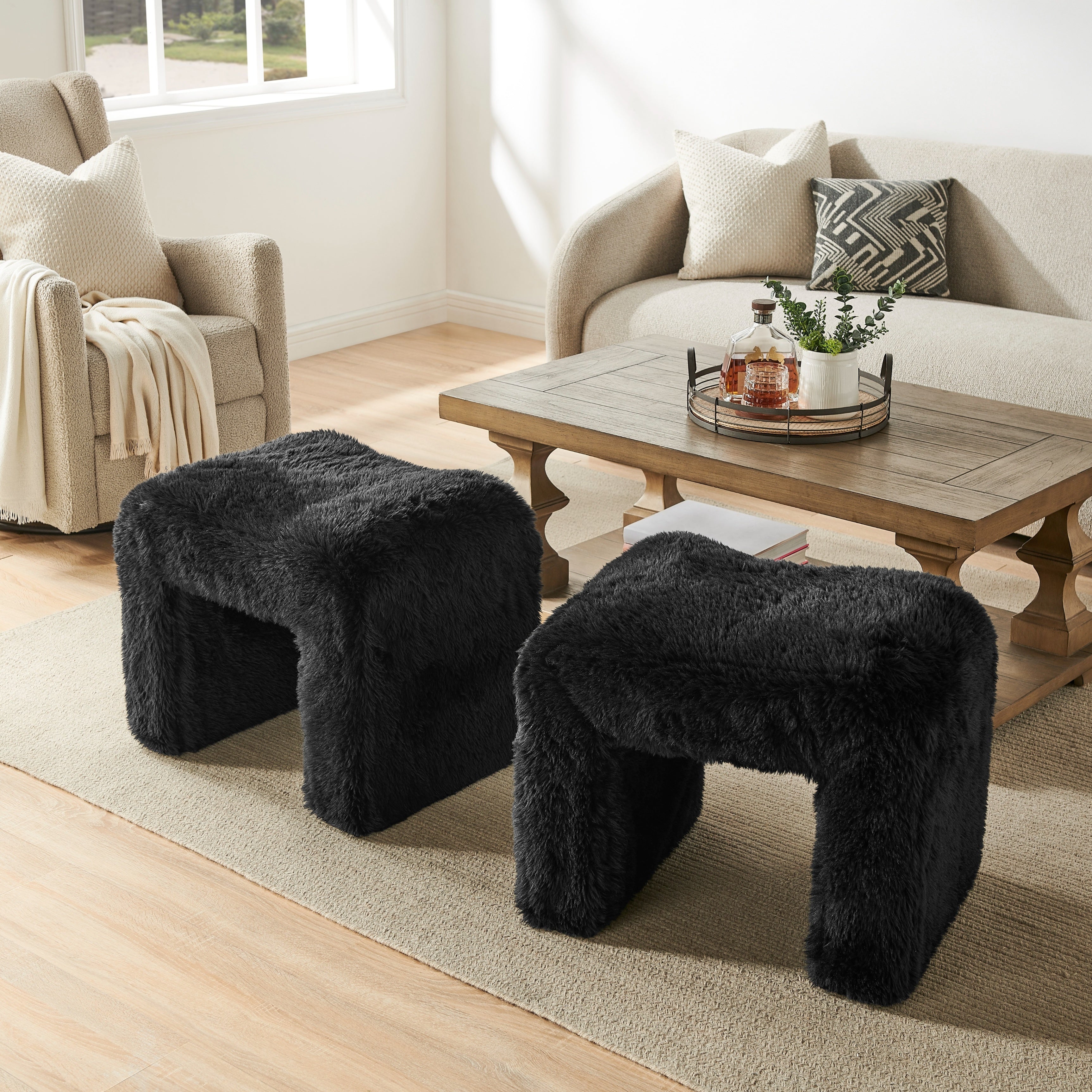 Roundhill Furniture Zorya Contemporary Faux Fur U-Shaped Ottoman, Set