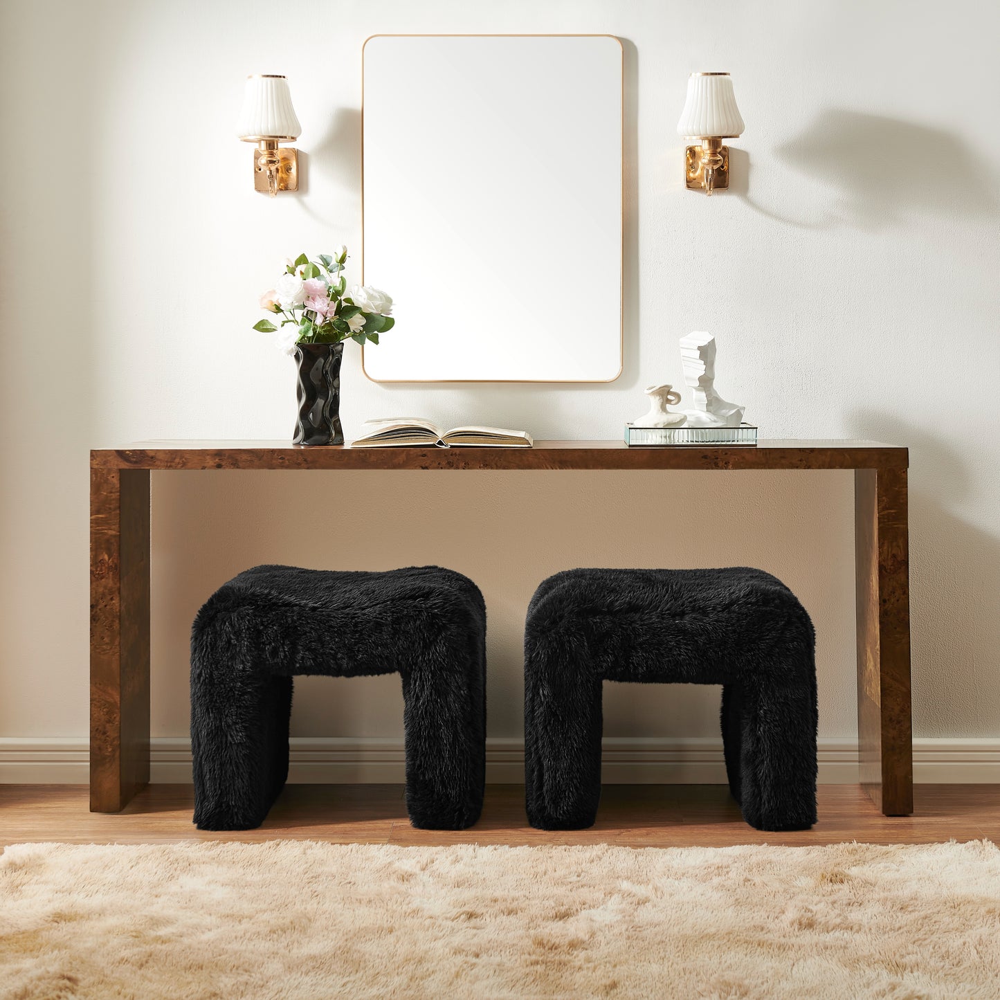 Roundhill Furniture Zorya Contemporary Faux Fur U-Shaped Ottoman, Set of 2