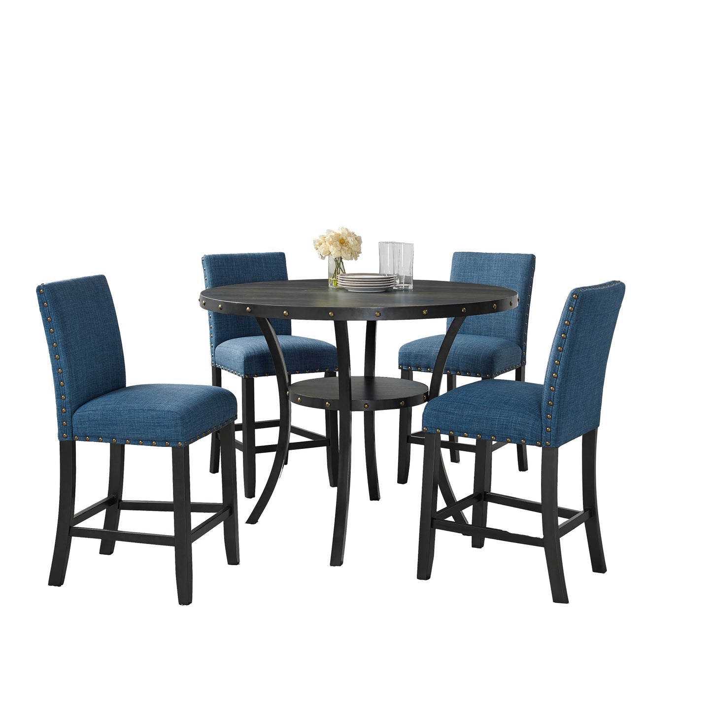 Biony Espresso Wood Counter Height Dining Set with Blue Fabric Nailhead Stools