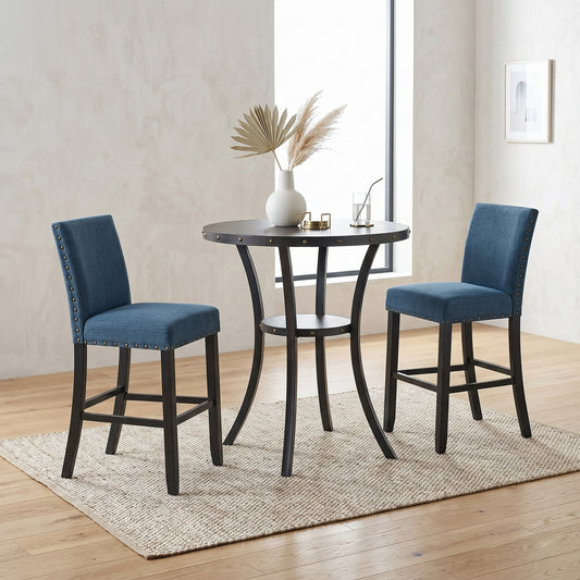 Biony 3-Piece 36" Round Espresso Finish Bar Table with 2 Blue Fabric Nail Head Pub Chairs