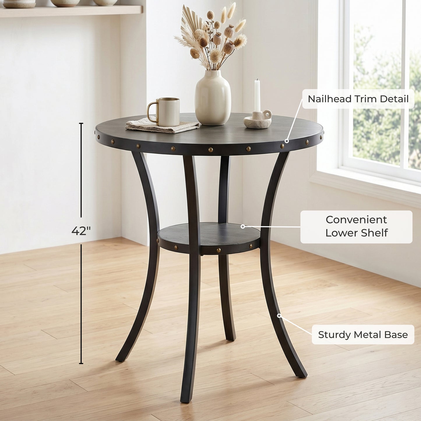 Biony 3-Piece 36" Round Espresso Finish Bar Table with 2 Gray Fabric Nail Head Pub Chairs
