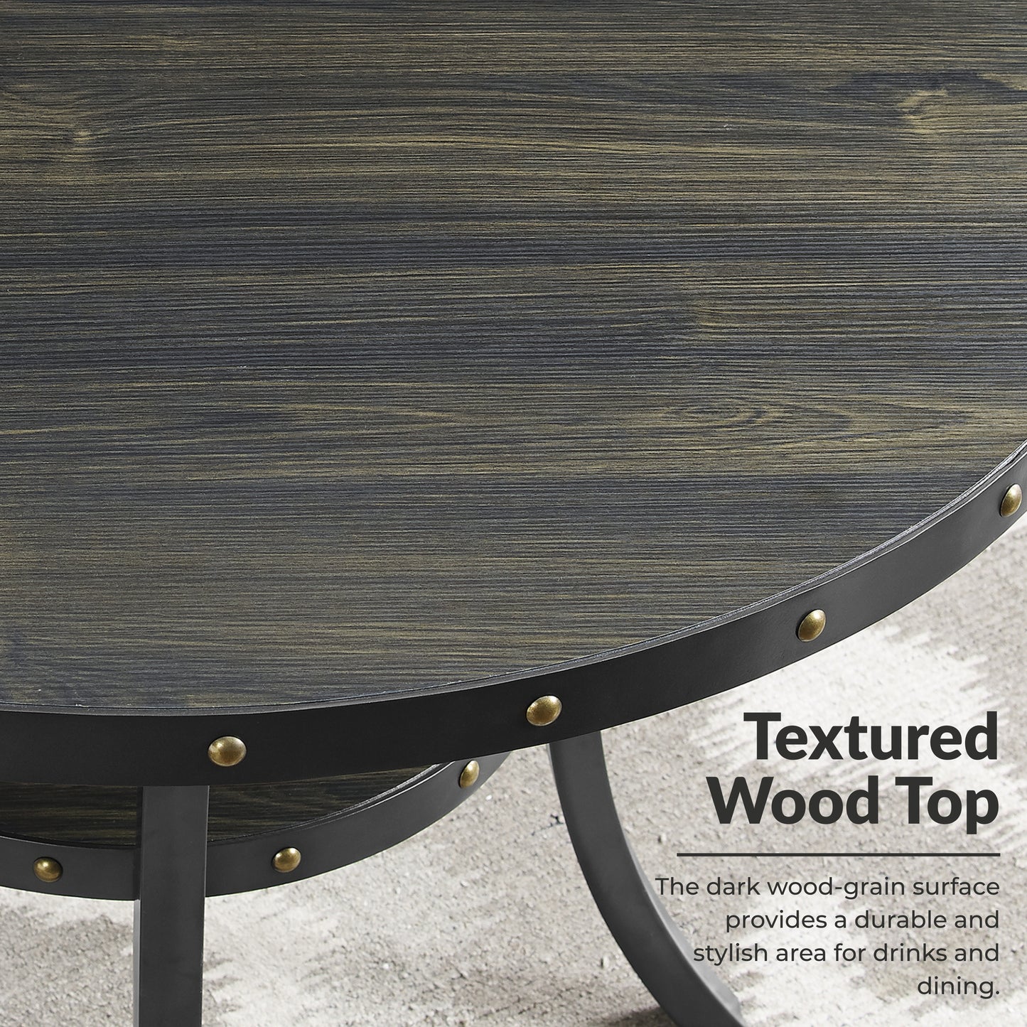 Biony 3-Piece 36" Round Espresso Finish Bar Table with 2 Tan Fabric Nail Head Pub Chairs