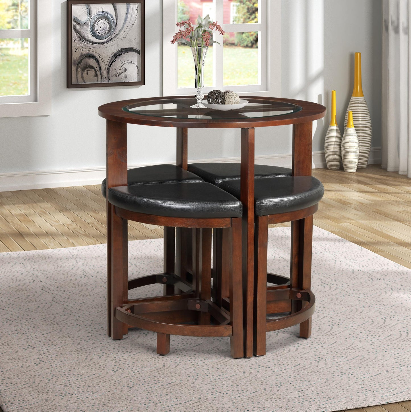 Solid Wood Glass Top Counter Height Table w/ 4 Stools