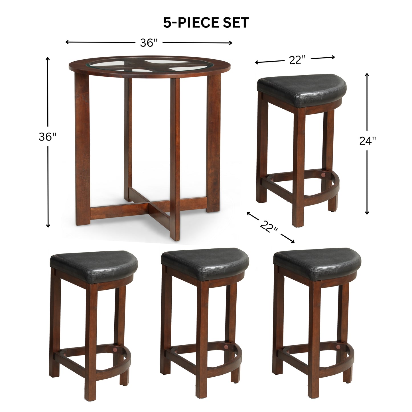 Solid Wood Glass Top Counter Height Table w/ 4 Stools