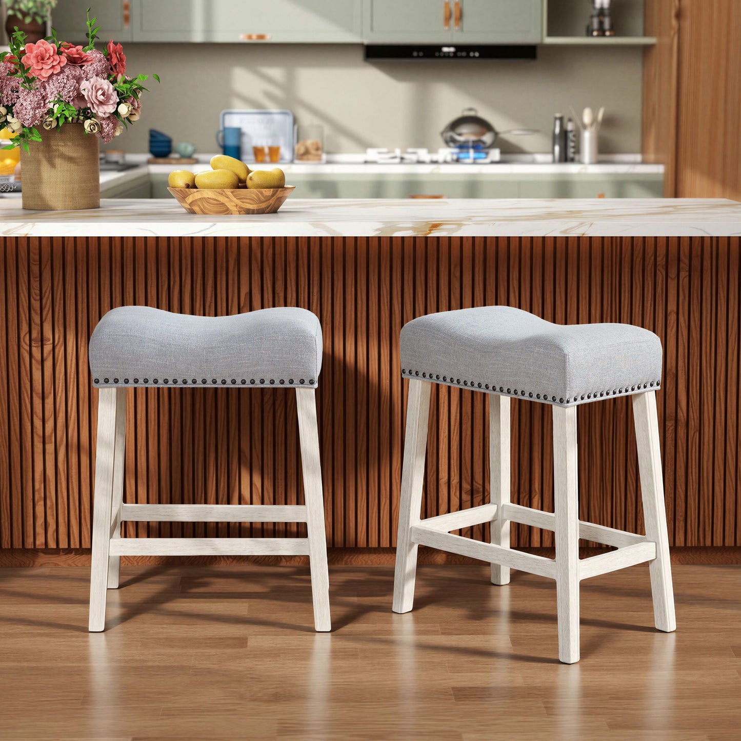 Roundhill Furniture CoCo Upholstered Counter Height Stools - Saddle Seat, White-Washed Finish, Gray Fabric, Set of 2