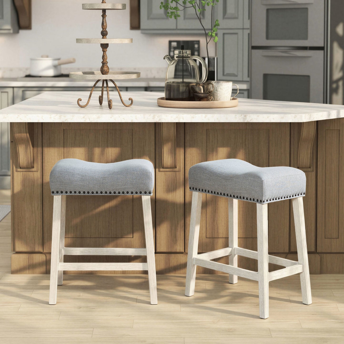 Roundhill Furniture CoCo Upholstered Counter Height Stools - Saddle Seat, White-Washed Finish, Gray Fabric, Set of 2