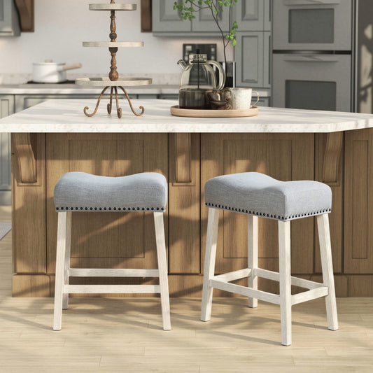 Roundhill Furniture CoCo Upholstered Counter Height Stools - Saddle Seat, White-Washed Finish, Gray Fabric, Set of 2