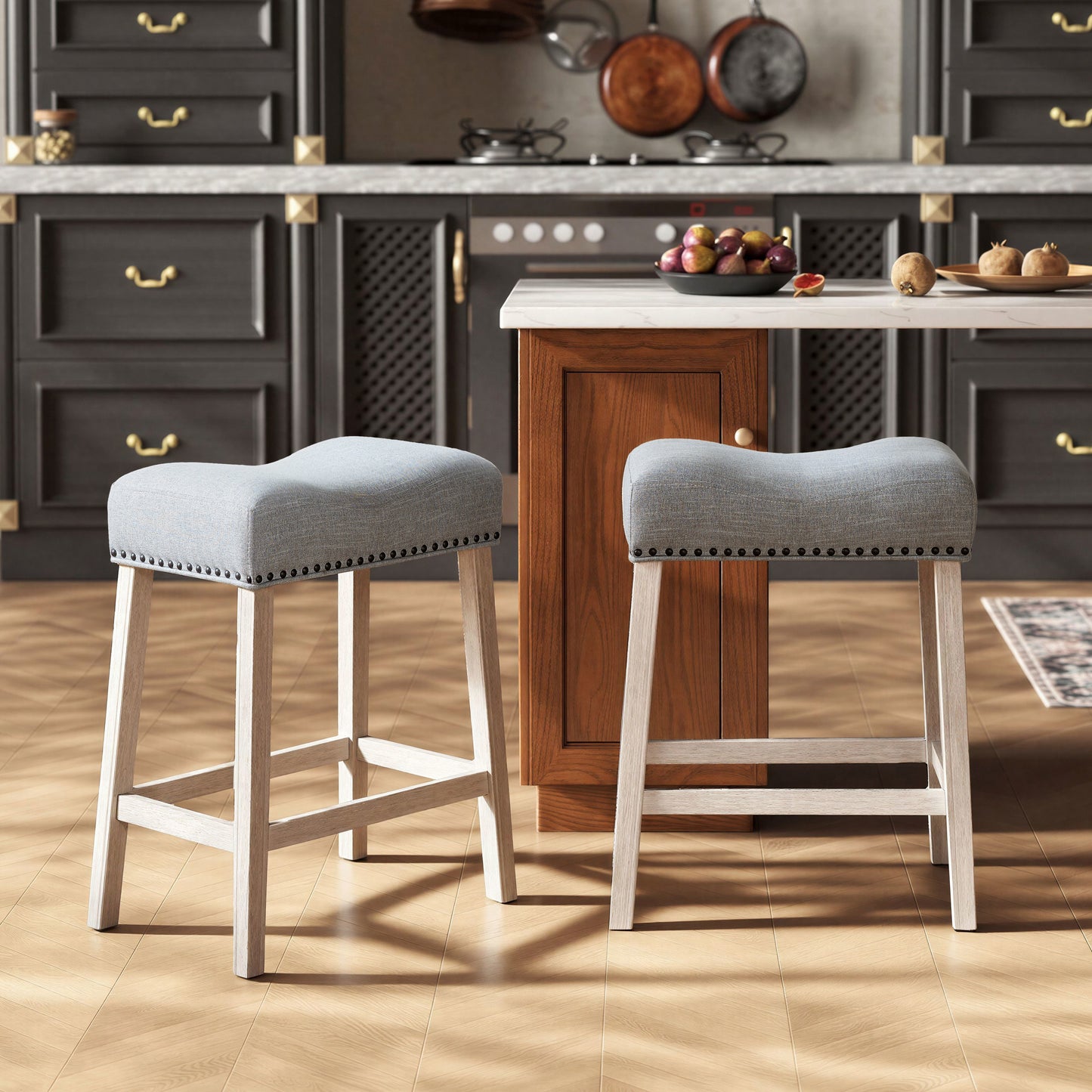 Roundhill Furniture CoCo Upholstered Counter Height Stools - Saddle Seat, White-Washed Finish, Gray Fabric, Set of 2
