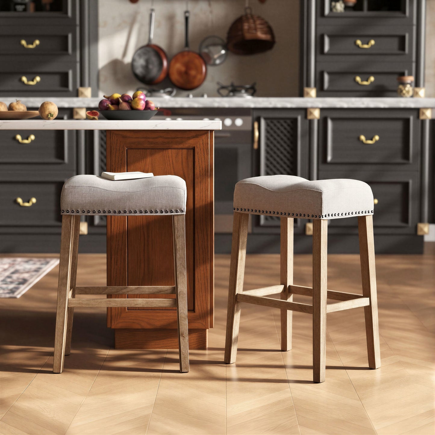 CoCo Upholstered Backless Saddle Seat Bar Stools 29" height Set of 2, Tan